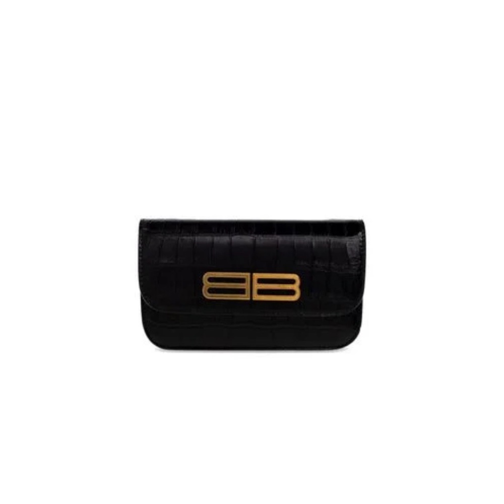 Balenciaga Black Croc-Embossed Leather Crossbody with Gold Chain - Picture 2 of 8